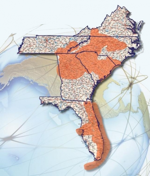 Map highlighting area from Virginia to the Florida Keys