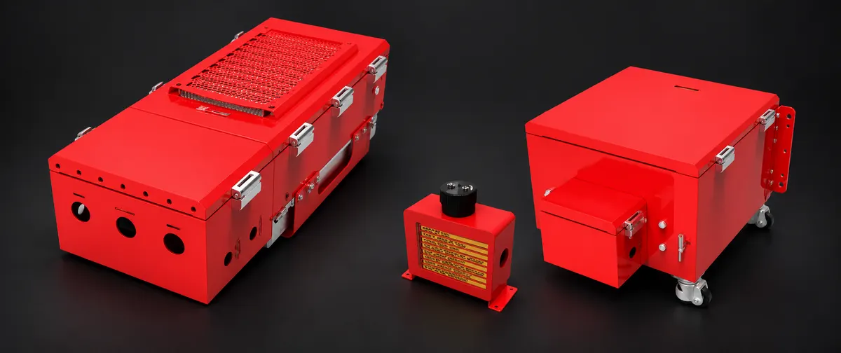 Red public safety BDA enclosures and a battery backup unit