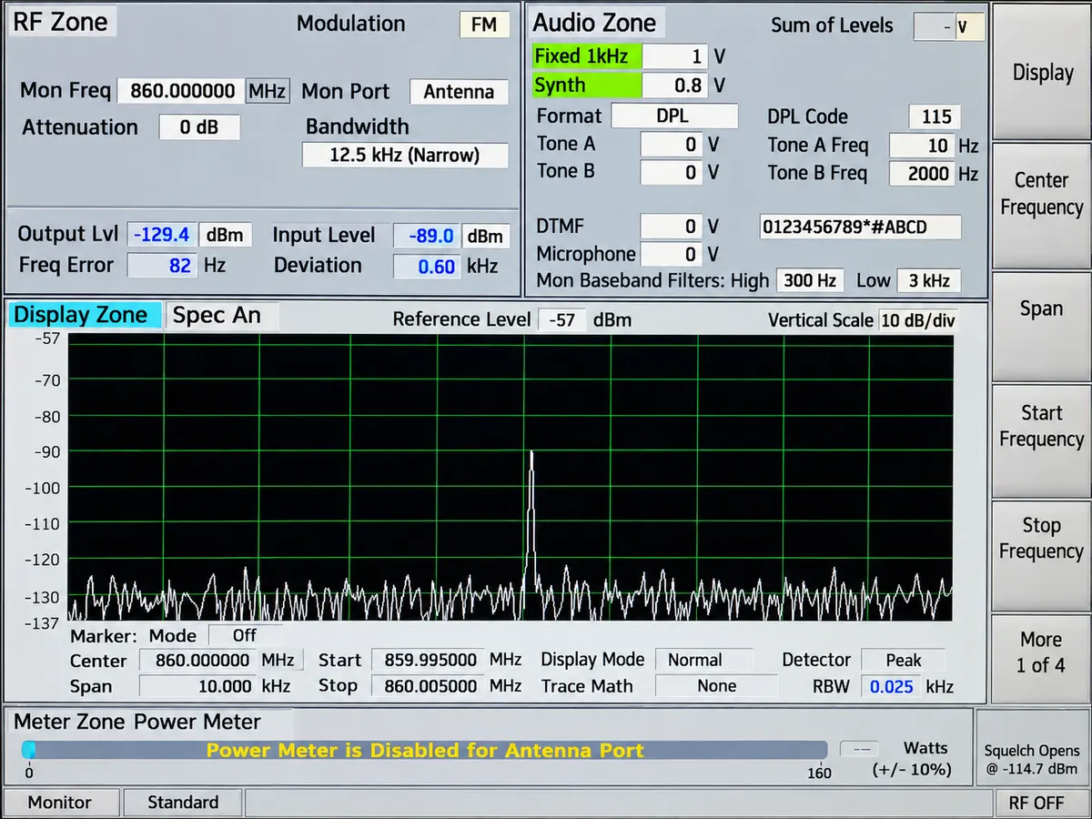 PCTEL analyzer screen measuring public safety radio signal strength