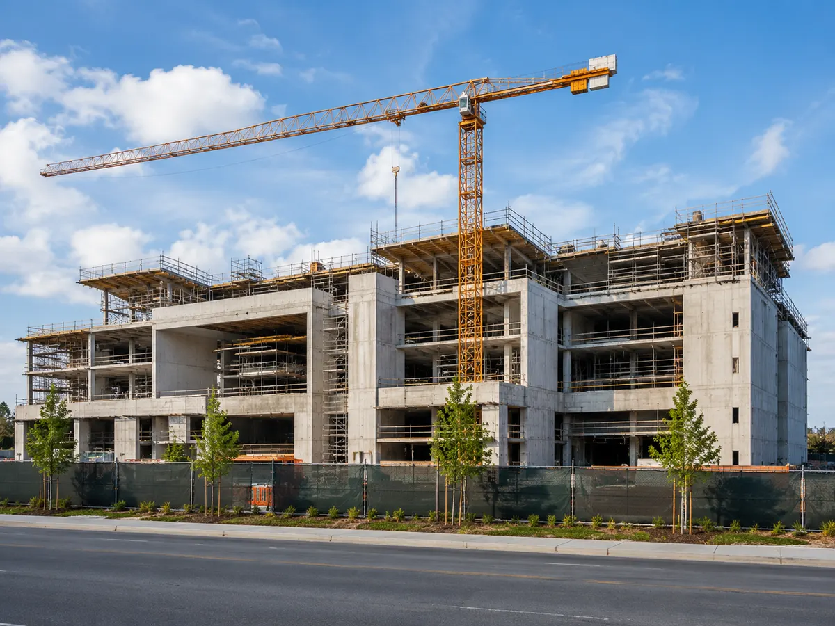 Building under construction with a tower crane
