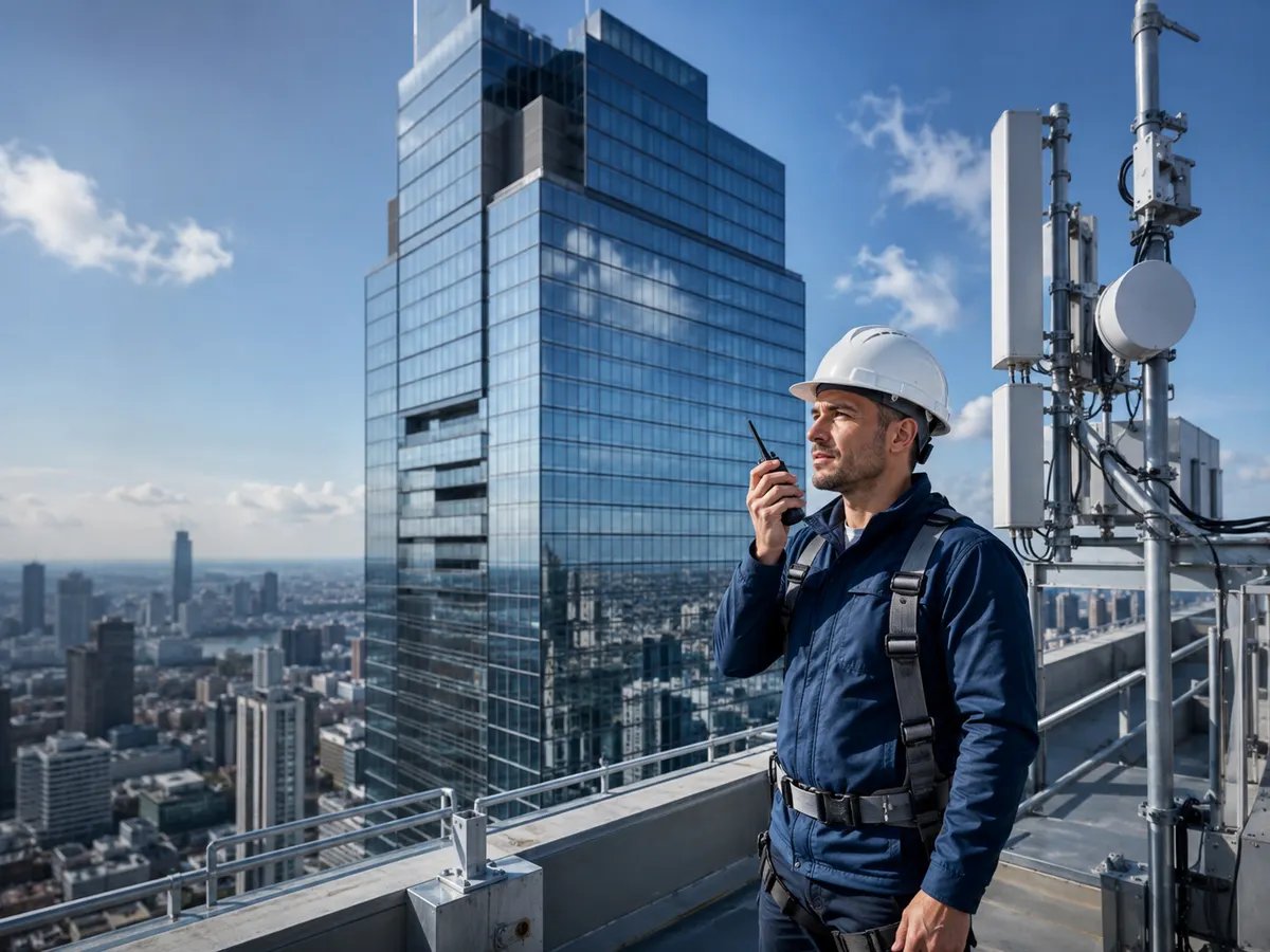 Technician with a radio on a high-rise rooftop
