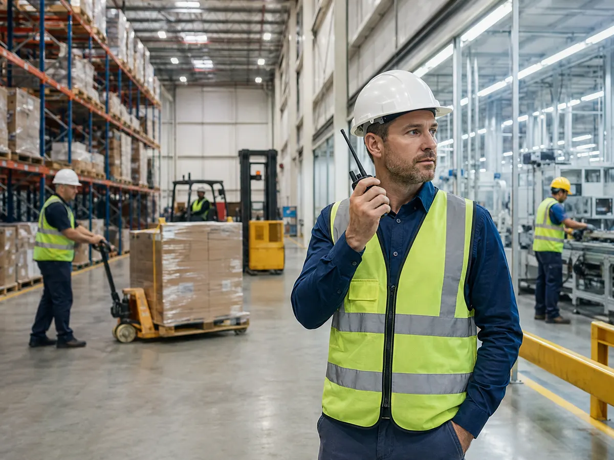 Warehouse worker using a two-way radio