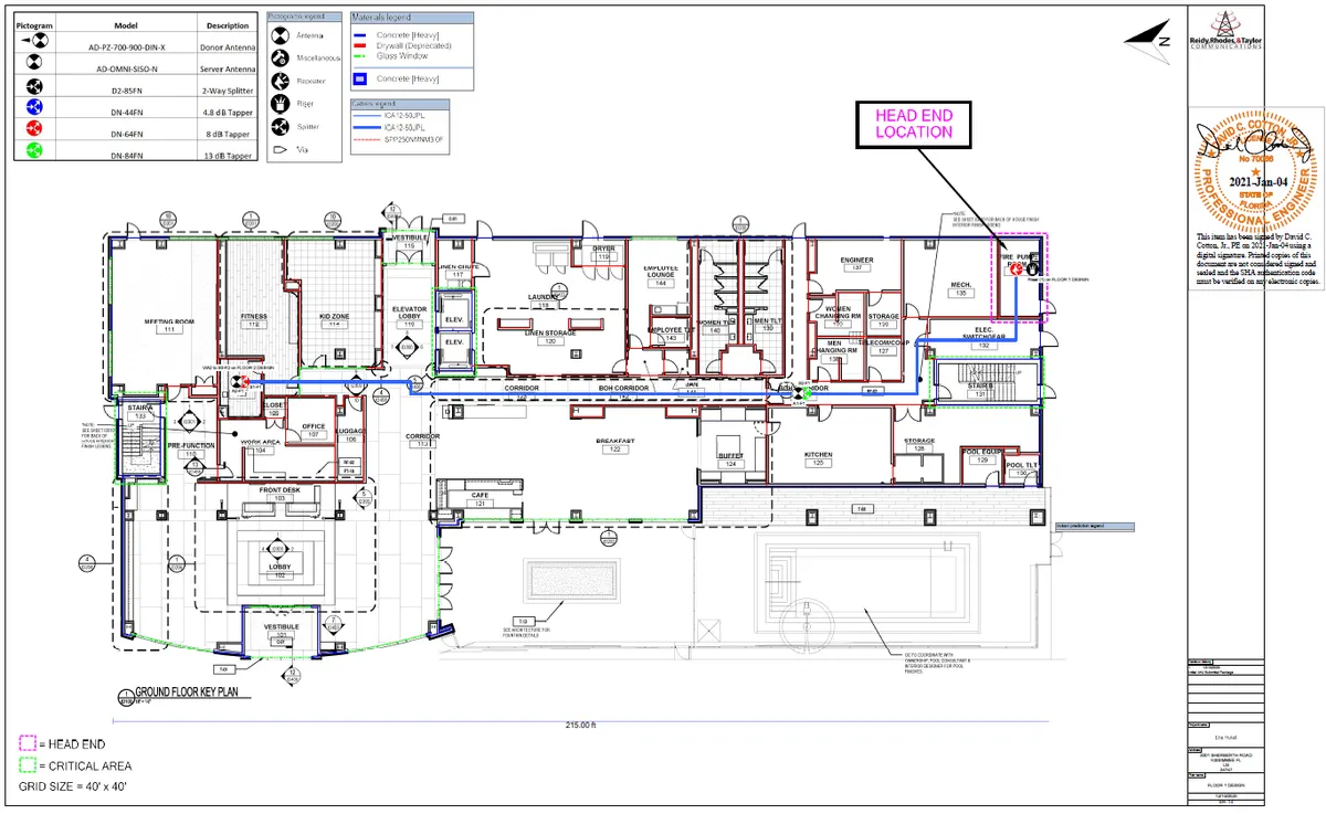 iBwave floor plan showing BDA antenna placement and cable routes