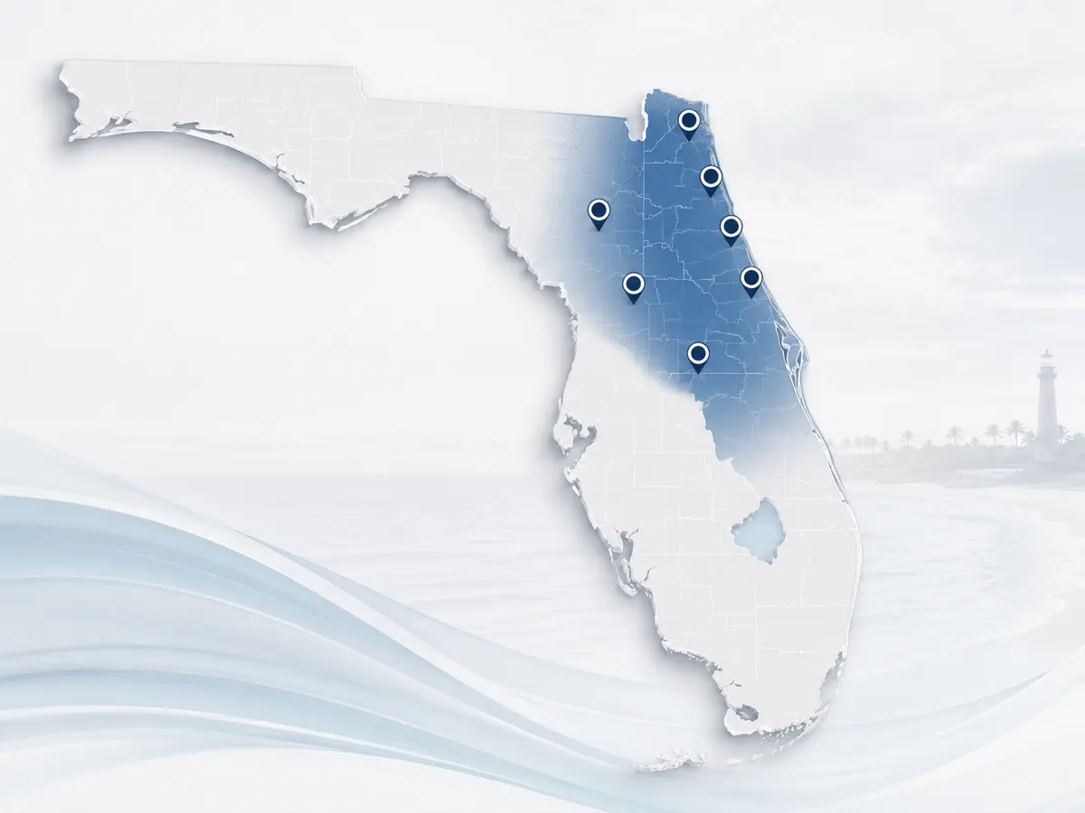 Map of Florida showing the Fisher Communications BDA service area from Northeast Florida to Orlando