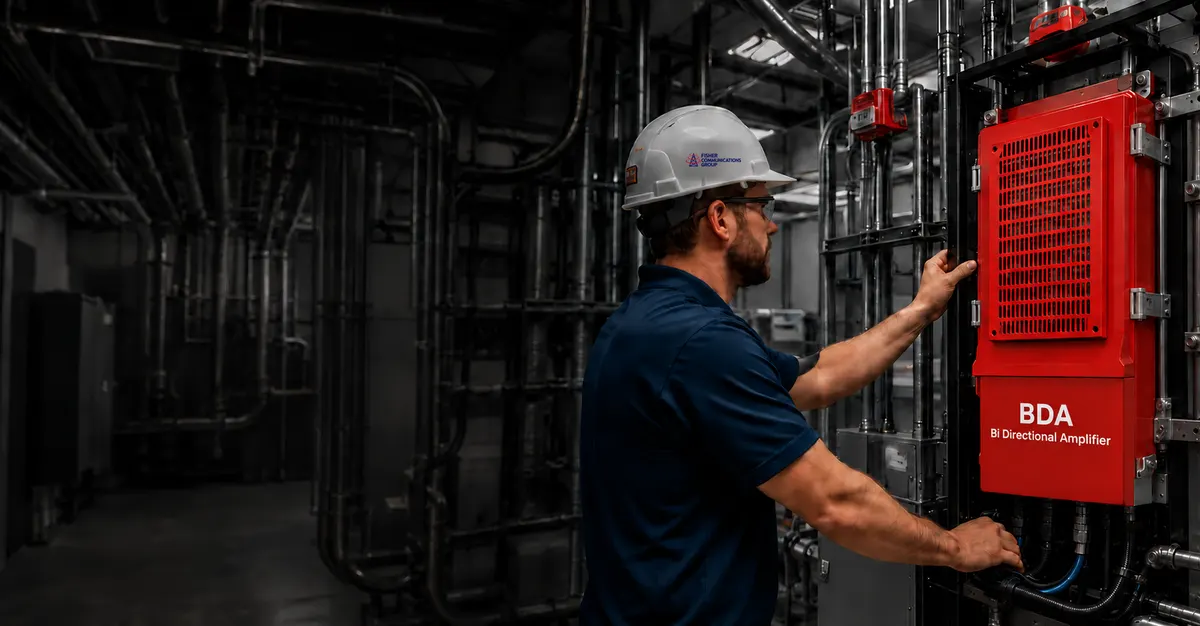 Fisher Communications technician checking a public safety BDA system