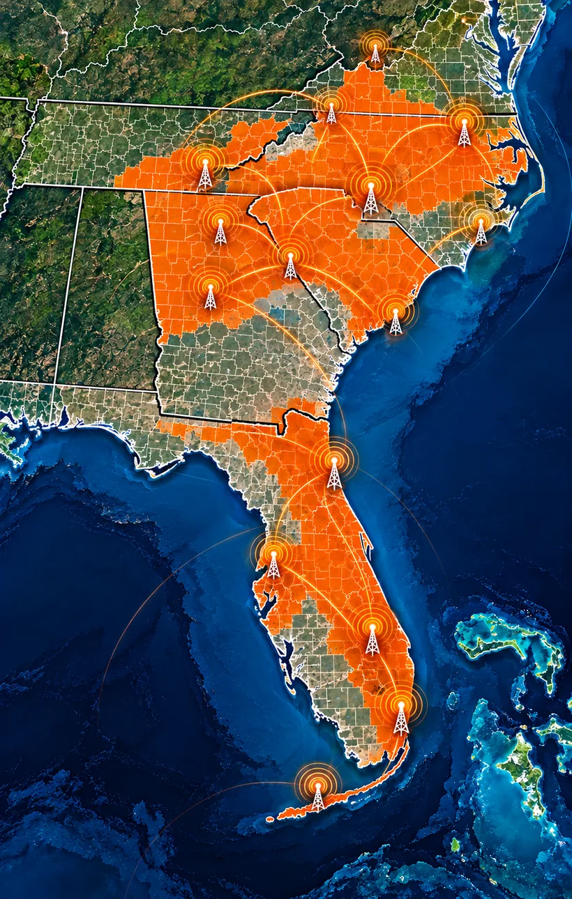 Map of radio coverage across the southeastern United States
