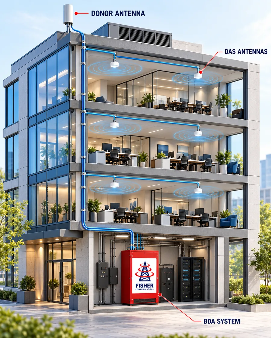 Building cutaway showing the donor antenna on the roof, the BDA system and indoor DAS antennas on each floor