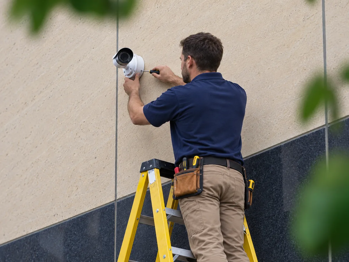 Technician installing a security camera on a commercial building