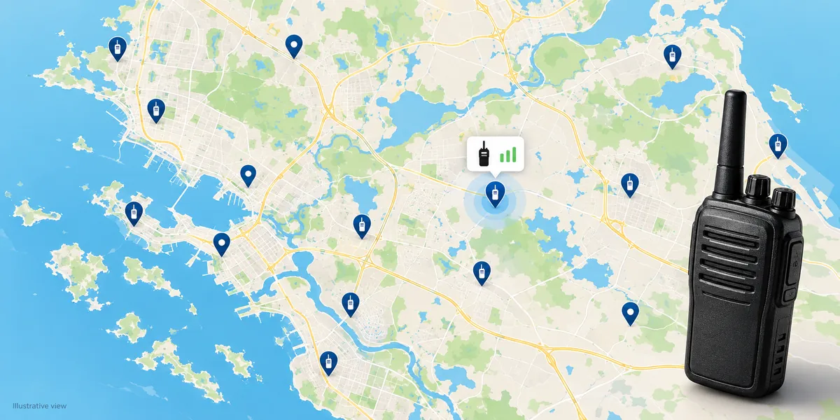 Map showing the location of two-way radios with GPS tracking