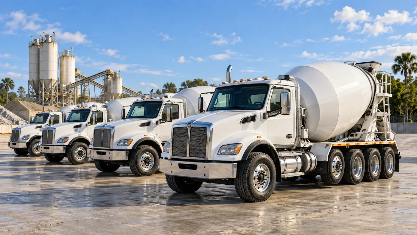 Fleet of ready-mix concrete trucks at a concrete plant